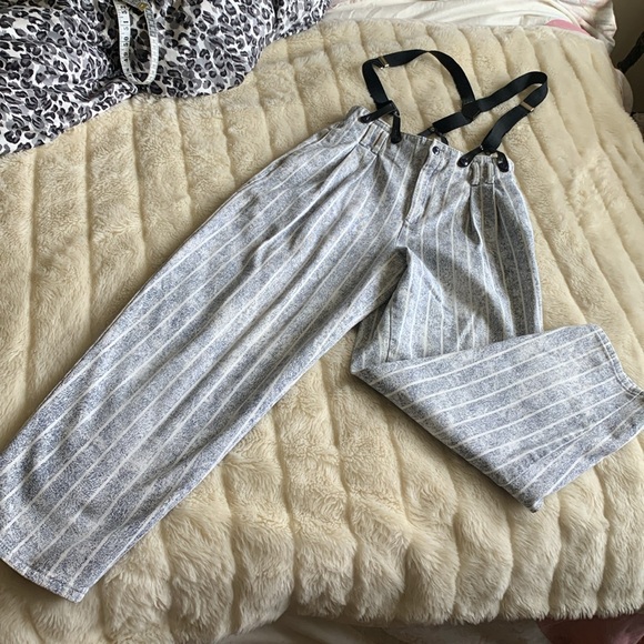 Vtg 80s striped denim pleated front suspender jeans 26 waist - Picture 3 of 13